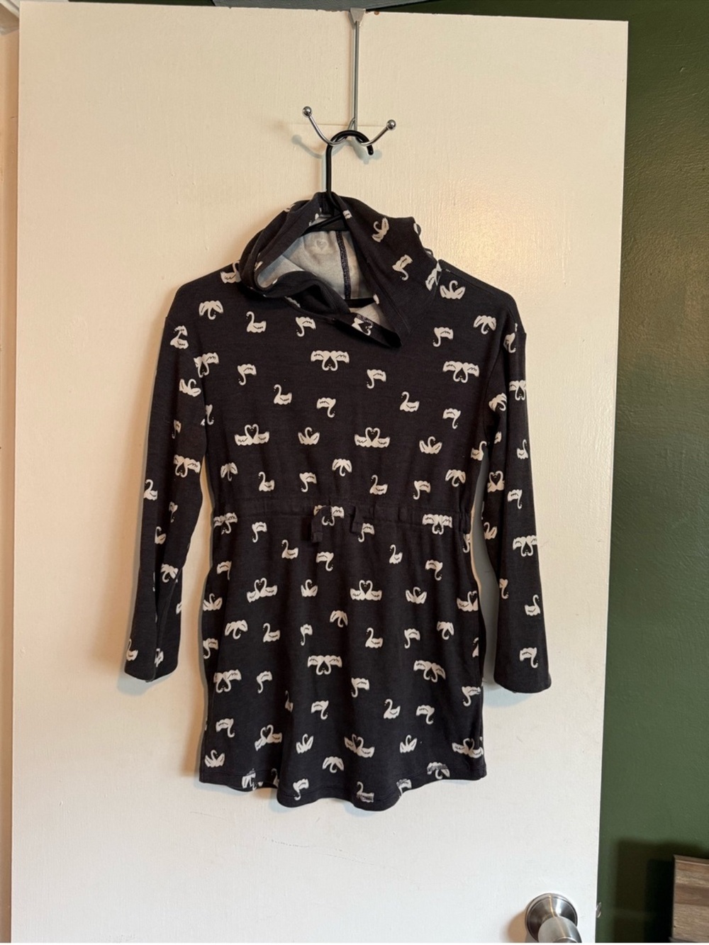 hanna andersson gray swan print hooded mini dress long sleeve size 10